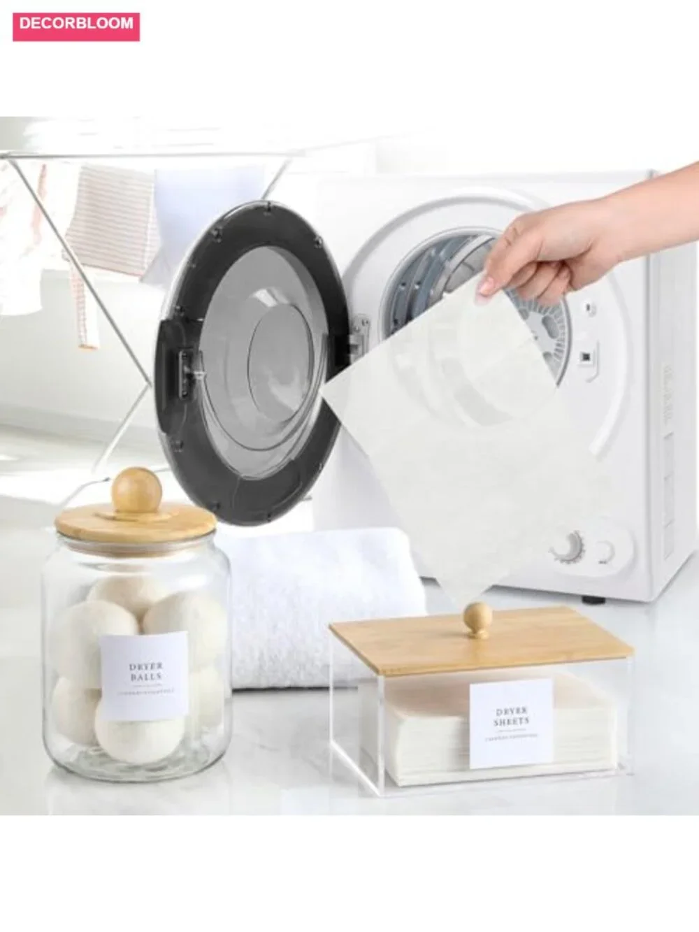Glass Jars & Dryer Sheet Holder with Bamboo Lids, Laundry Room Storage Set
